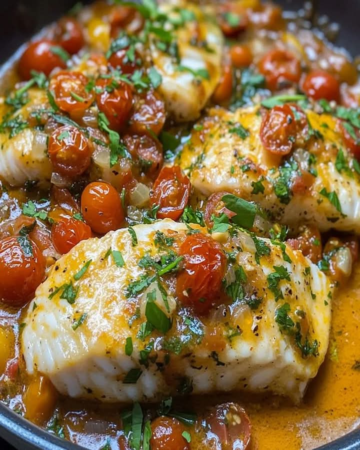 Mediterranean Pan-Seared Cod with Tomato Basil Reduction